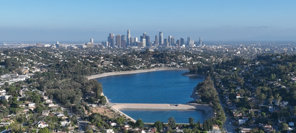 Silver Lake Reservoir in Los Angeles with the city skyline in the background